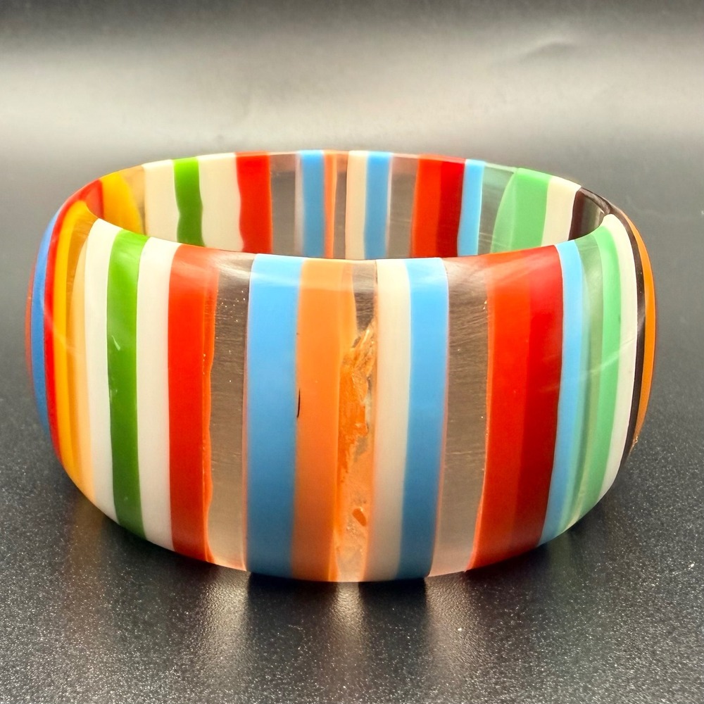 Vintage Bangle Bracelet Multicolor Laminated Striped Bullseye Chunky‎ Acrylic 8 - Picture 7 of 10